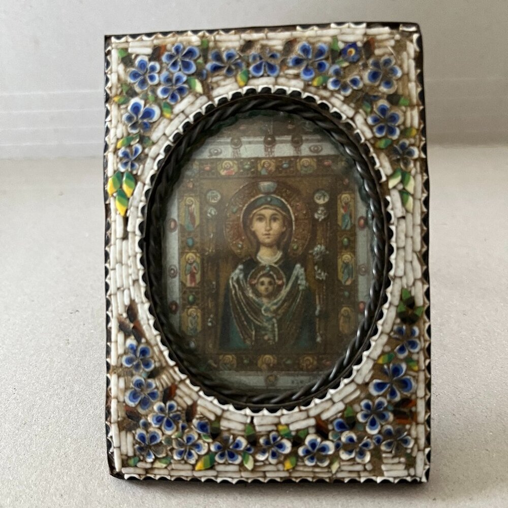 Rare Vintage Venetian micro-mosaic frame depicting the Madonna Nicopeia.